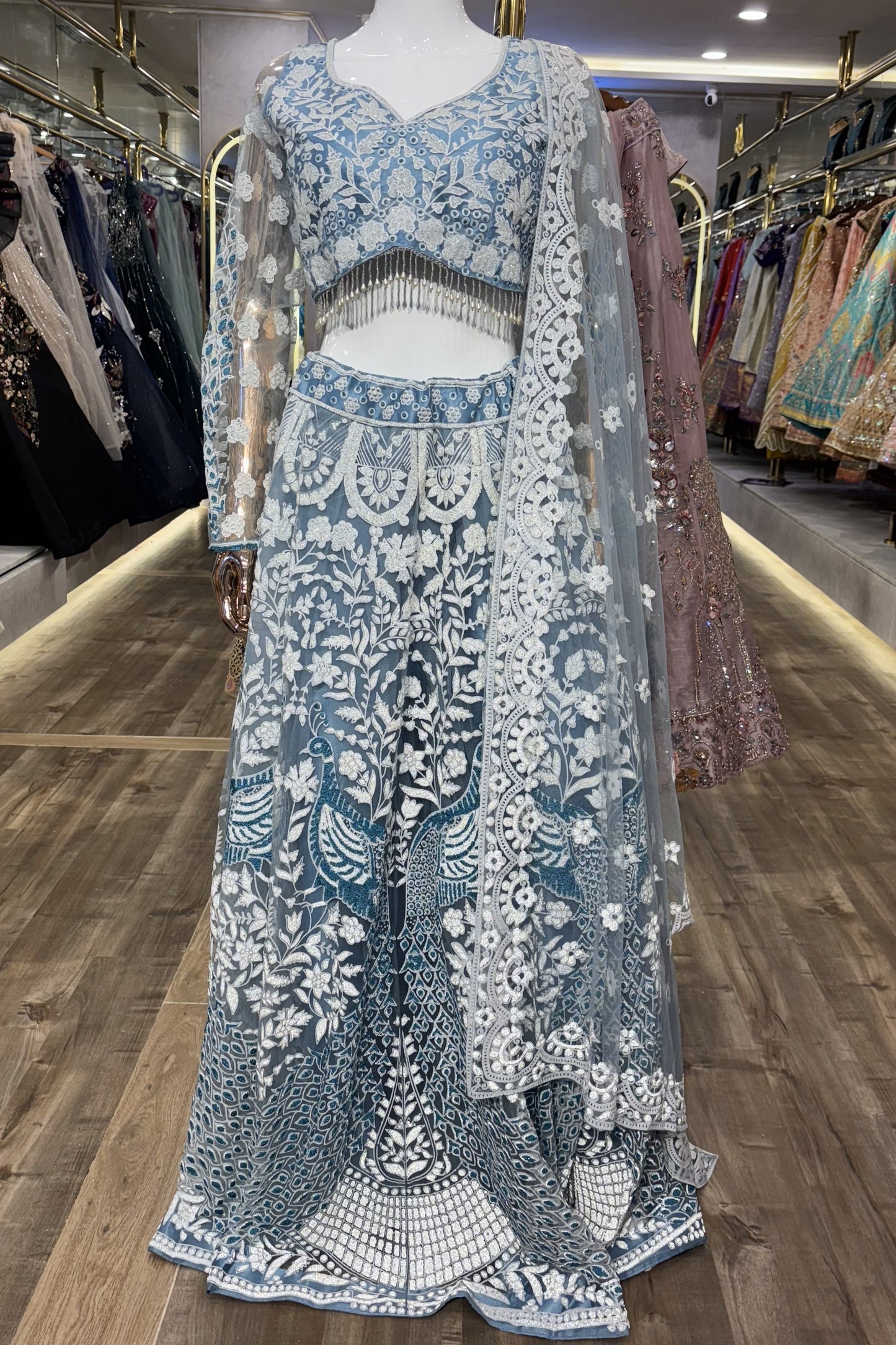 Frost Bloom – Sky Blue Net Lehenga Set