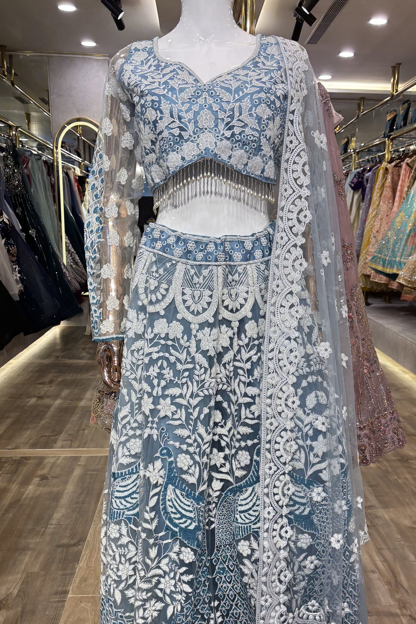 Frost Bloom – Sky Blue Net Lehenga Set