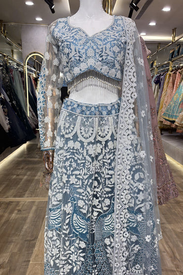 Frost Bloom – Sky Blue Net Lehenga Set