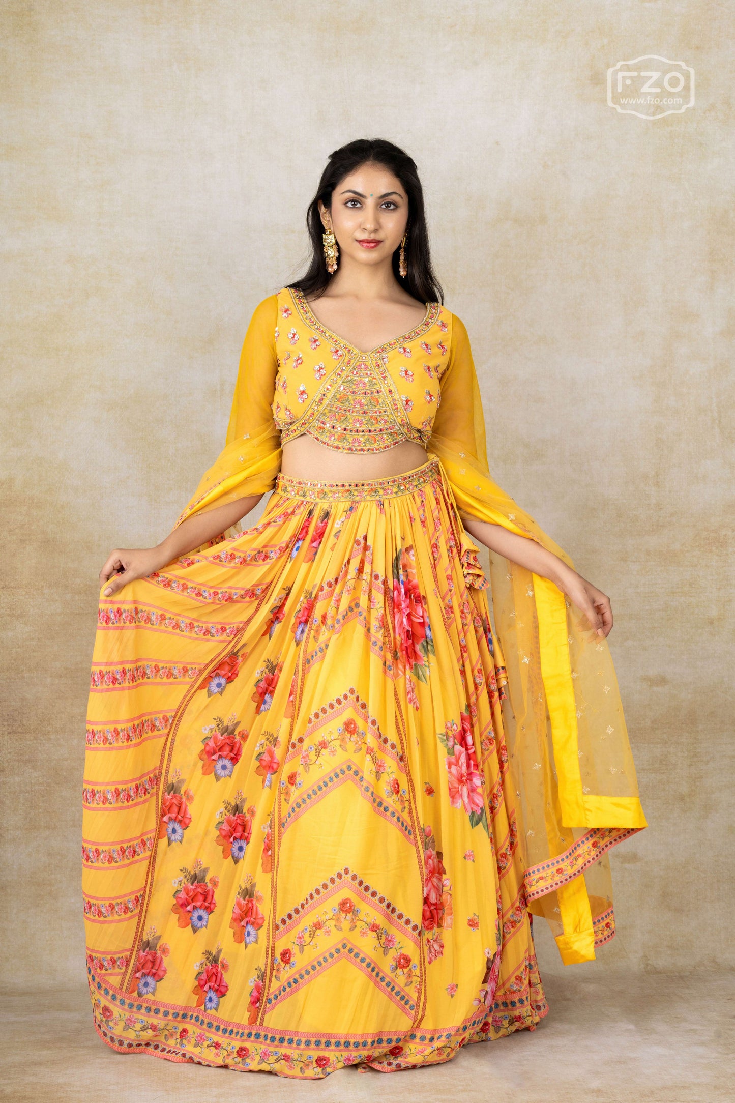 Rent Yellow Floral Lehenga-Set