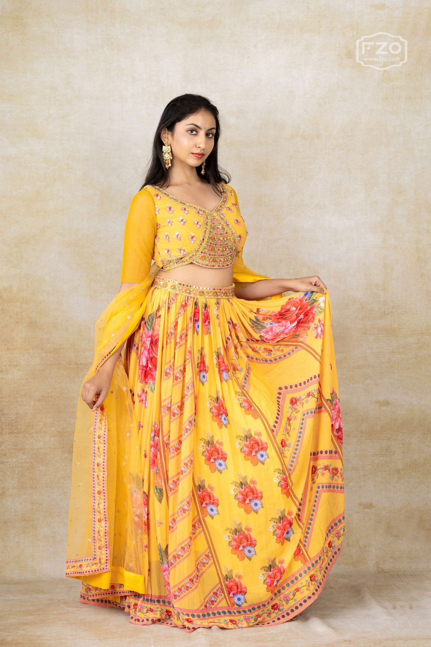 Rent Yellow Floral Lehenga-Set