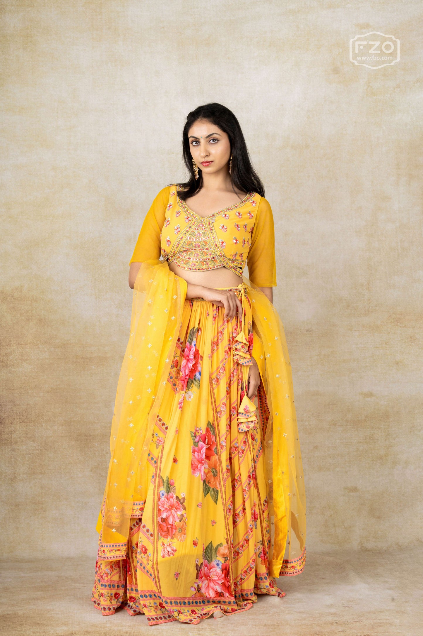 Rent Yellow Floral Lehenga-Set
