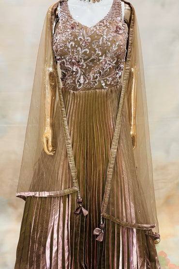 Chocolate Brown Pleated Gown with Embellished Bodice & Dupatta