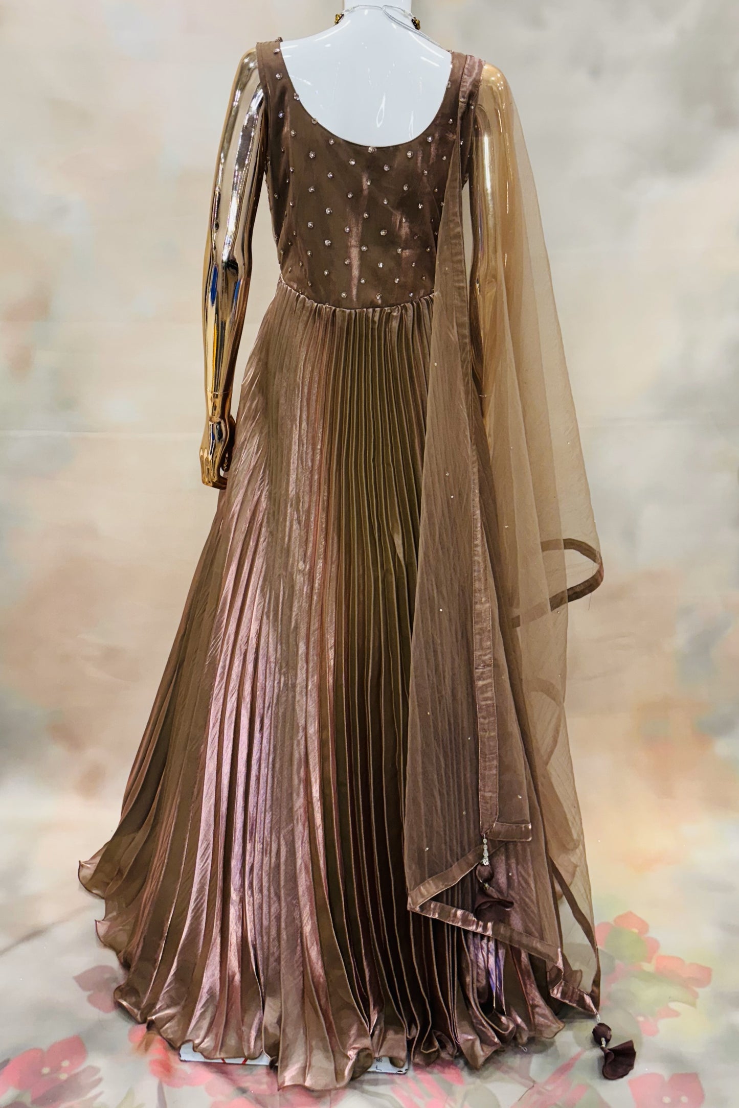 Chocolate Brown Pleated Gown with Embellished Bodice & Dupatta