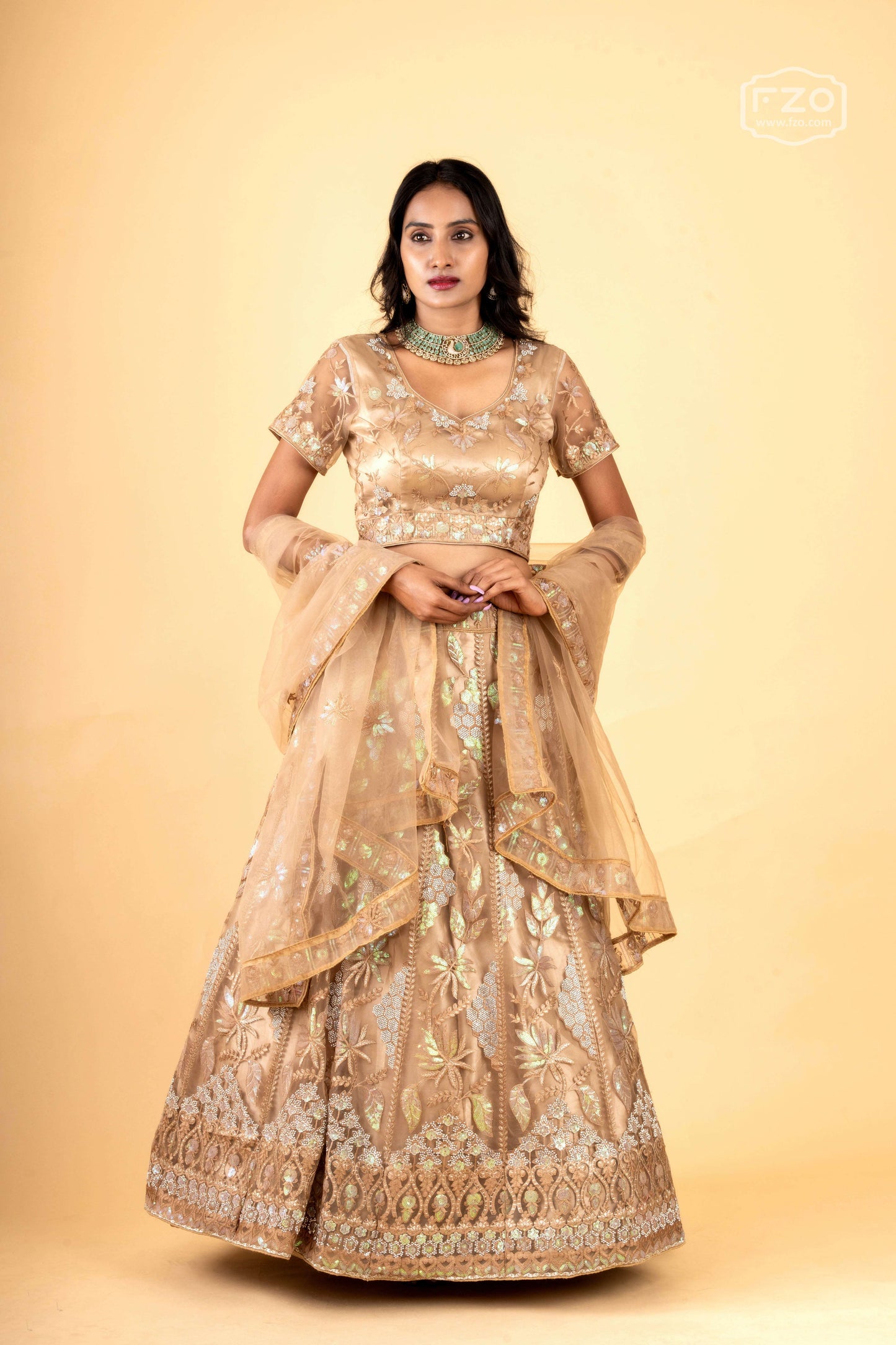 Golden Zari Embroidered Lehenga with Net Dupatta