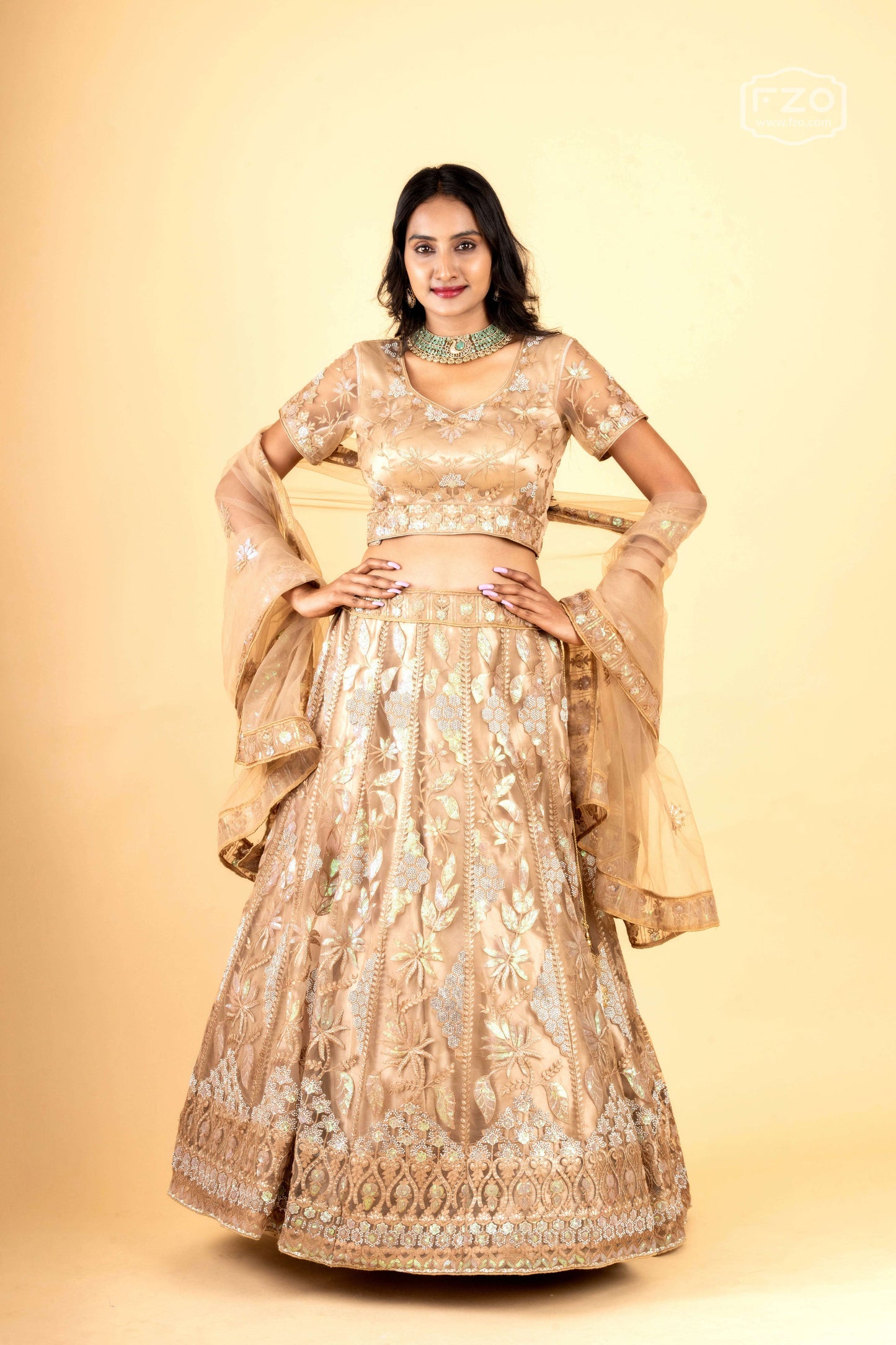 Golden Zari Embroidered Lehenga with Net Dupatta
