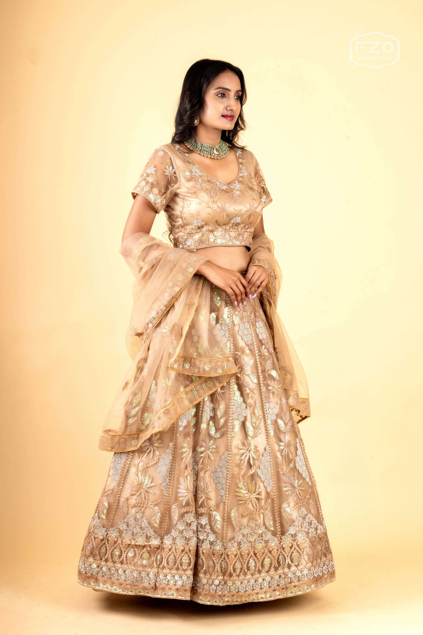 Golden Zari Embroidered Lehenga with Net Dupatta
