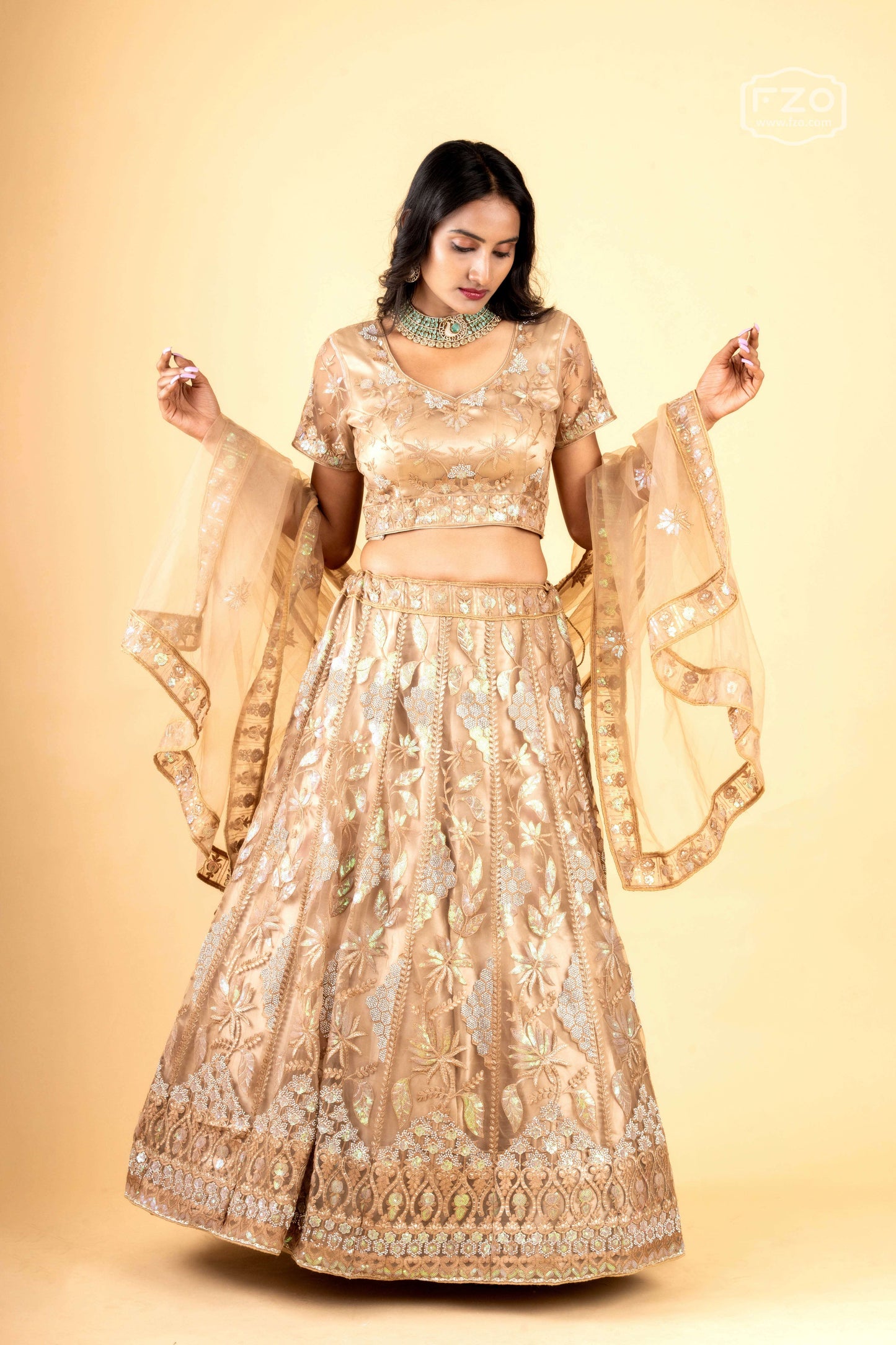 Golden Zari Embroidered Lehenga with Net Dupatta