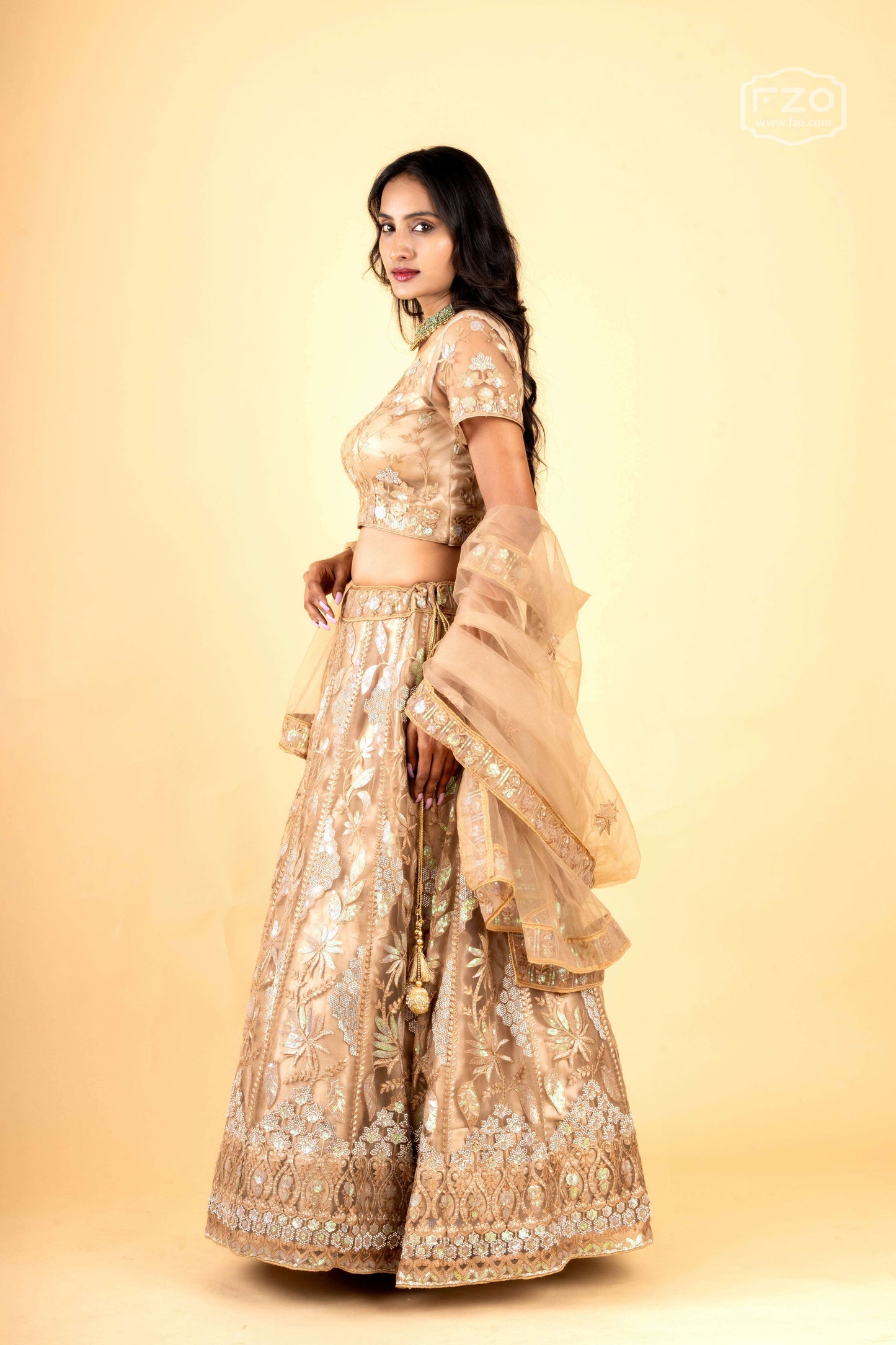 Golden Zari Embroidered Lehenga with Net Dupatta