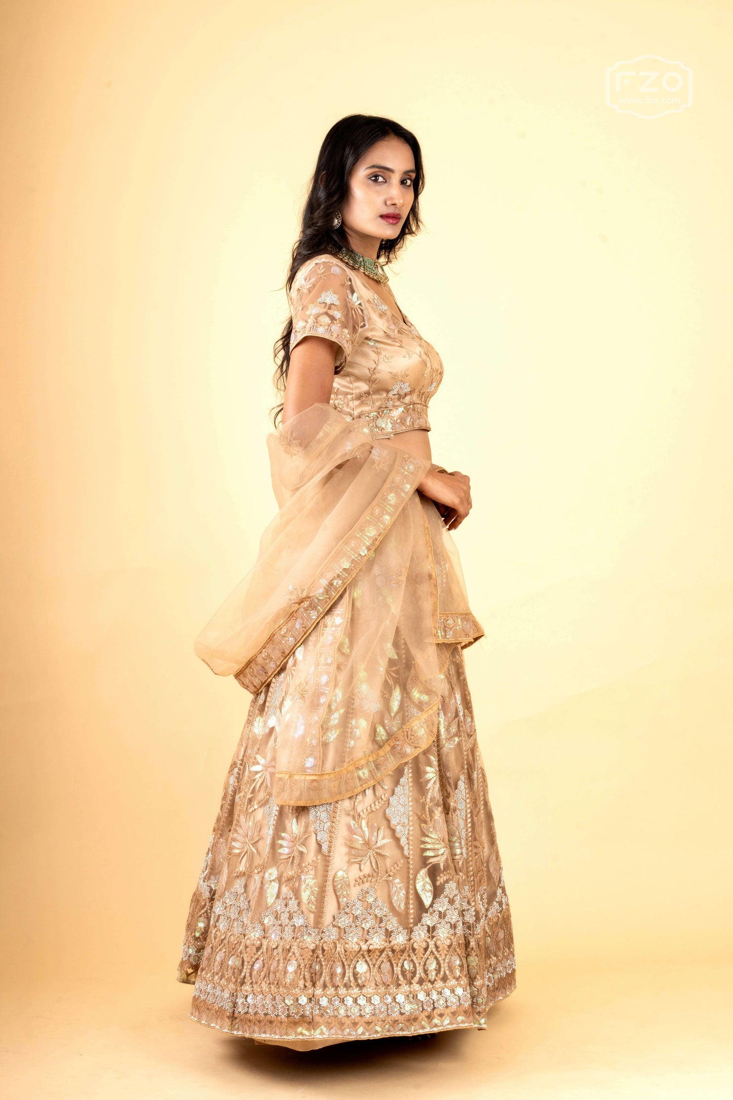 Golden Zari Embroidered Lehenga with Net Dupatta