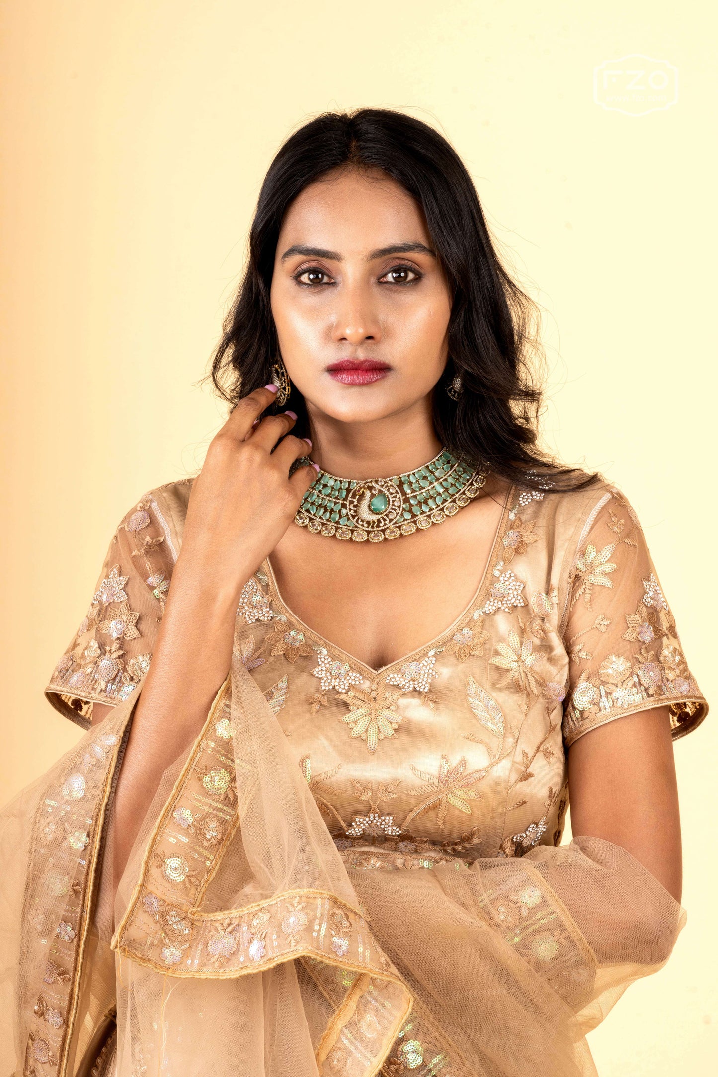 Golden Zari Embroidered Lehenga with Net Dupatta