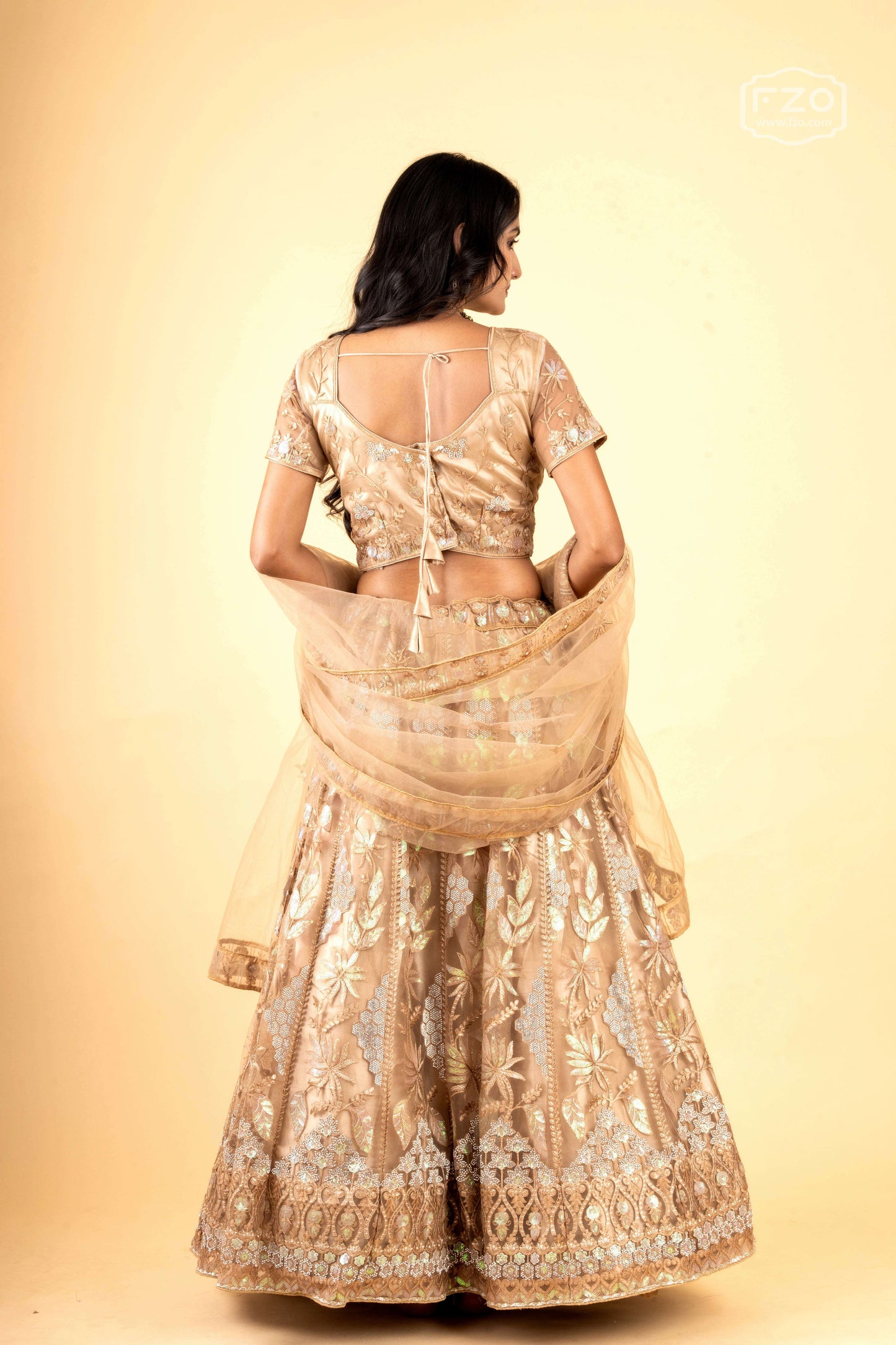 Golden Zari Embroidered Lehenga with Net Dupatta