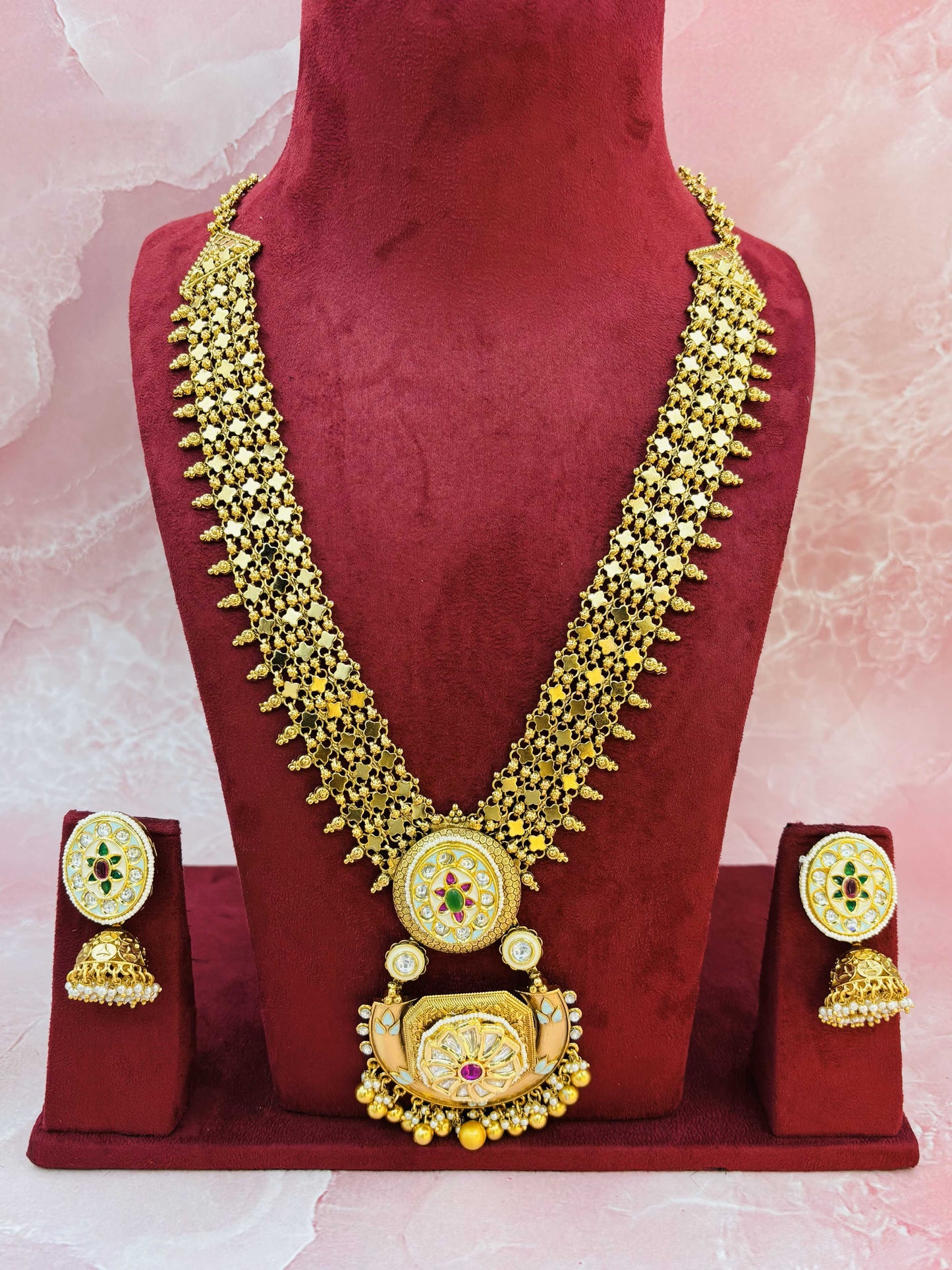 Antique Gold Long Necklace with Temple Pendant and Jhumkas
