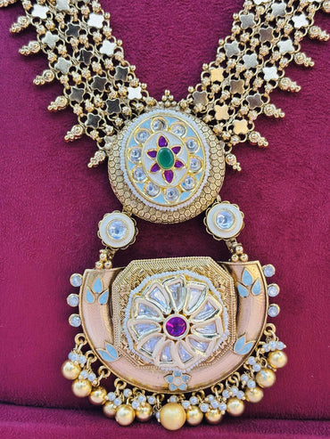 Antique Gold Long Necklace with Temple Pendant and Jhumkas