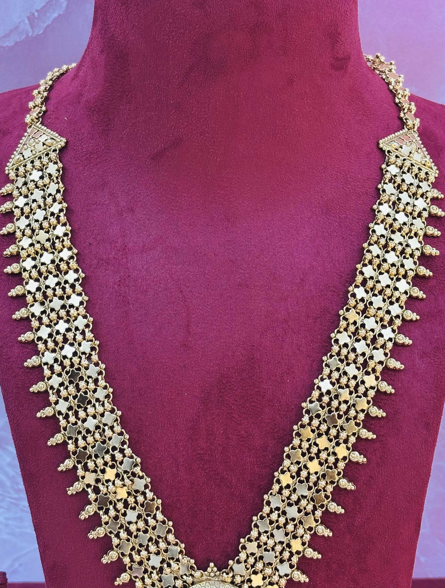 Antique Gold Long Necklace with Temple Pendant and Jhumkas
