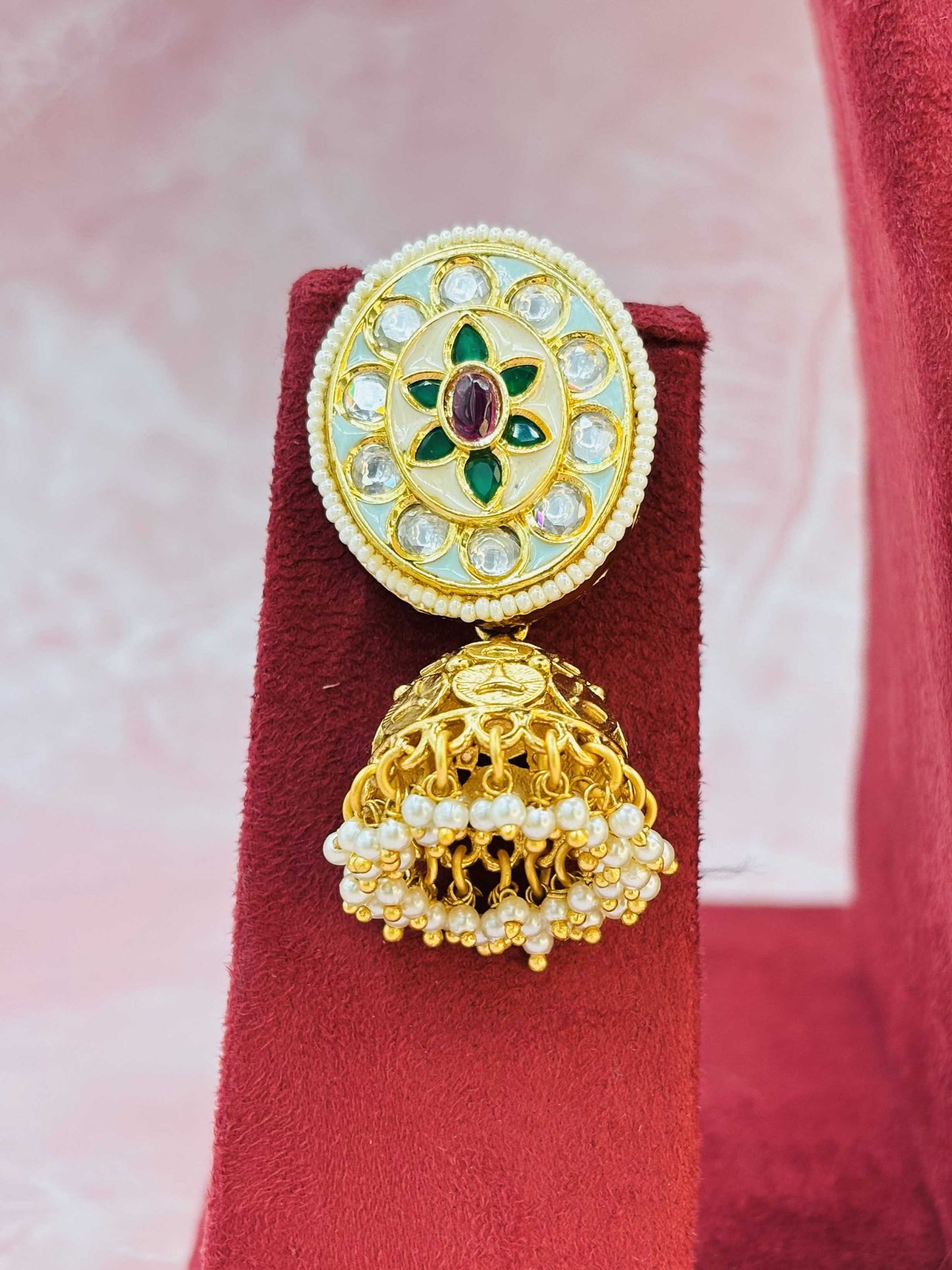 Antique Gold Long Necklace with Temple Pendant and Jhumkas