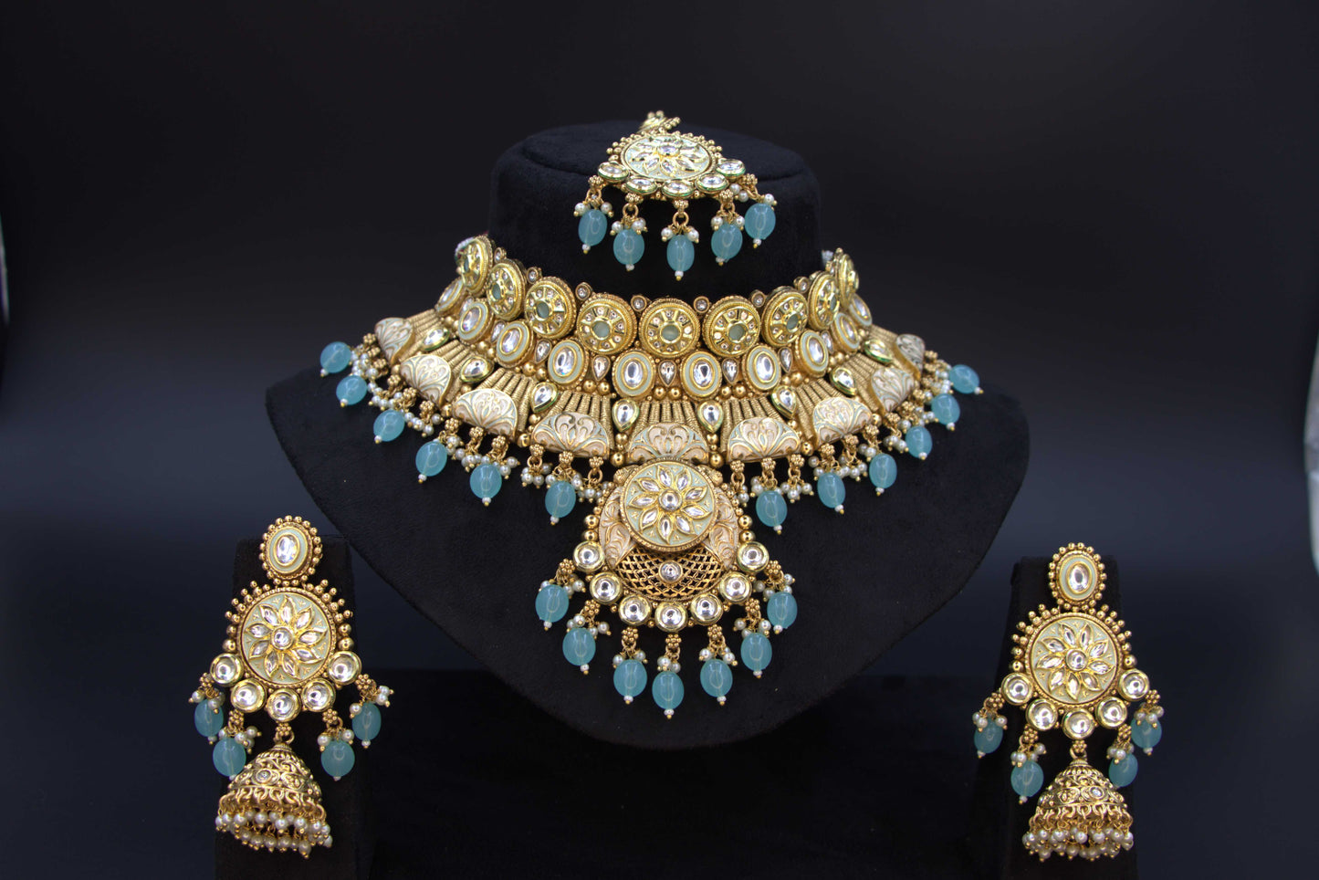 Aqua Beaded Polki Bridal Choker Necklace Set