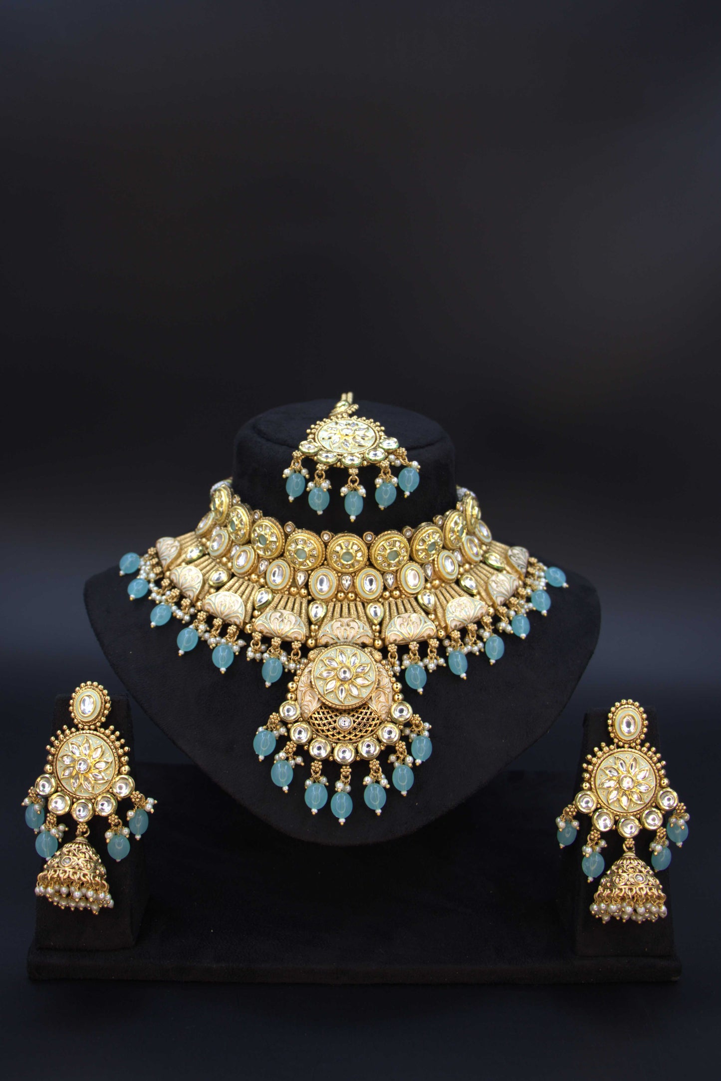 Aqua Beaded Polki Bridal Choker Necklace Set