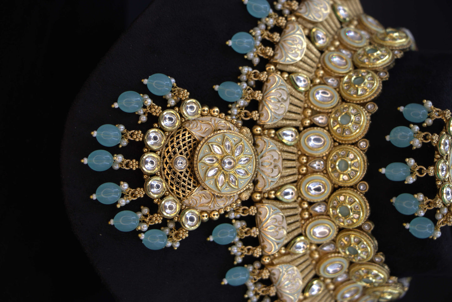 Aqua Beaded Polki Bridal Choker Necklace Set