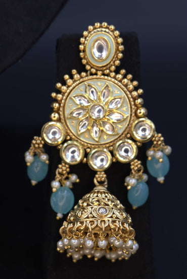 Aqua Beaded Polki Bridal Choker Necklace Set