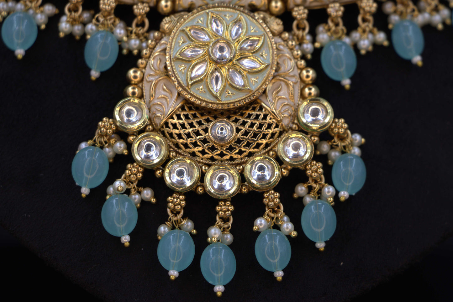 Aqua Beaded Polki Bridal Choker Necklace Set