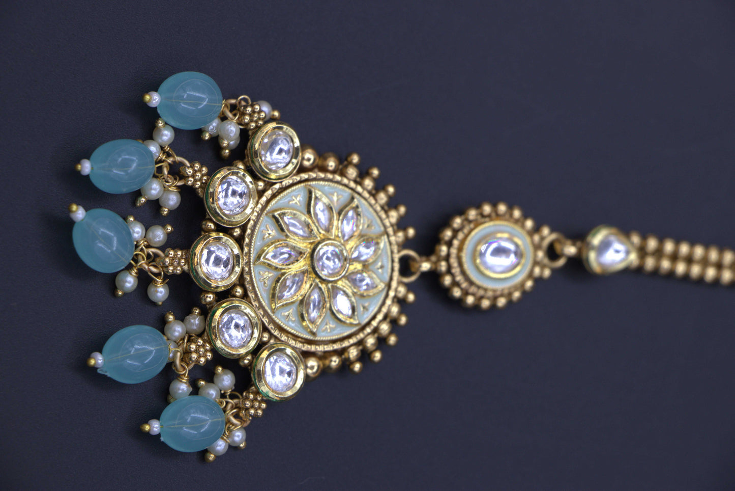 Aqua Beaded Polki Bridal Choker Necklace Set