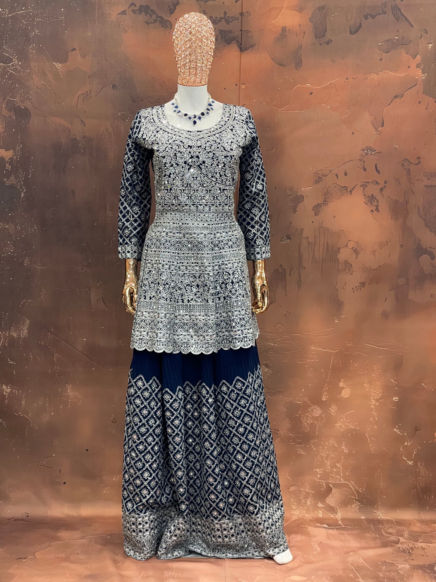 Navy Blue and Silver Embroidered Anarkali Gown – Regal Ethnic Ensemble