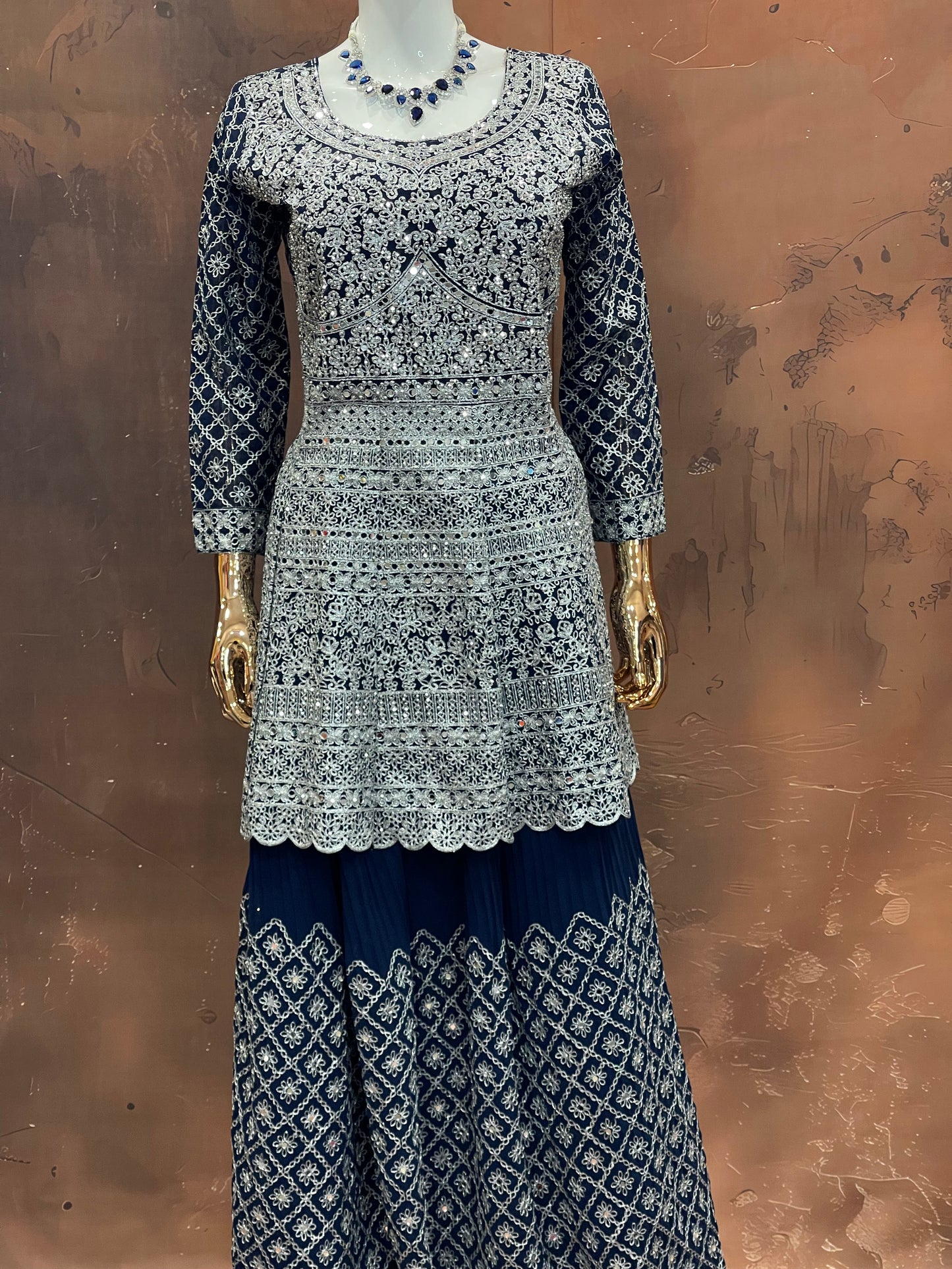 Navy Blue and Silver Embroidered Anarkali Gown – Regal Ethnic Ensemble