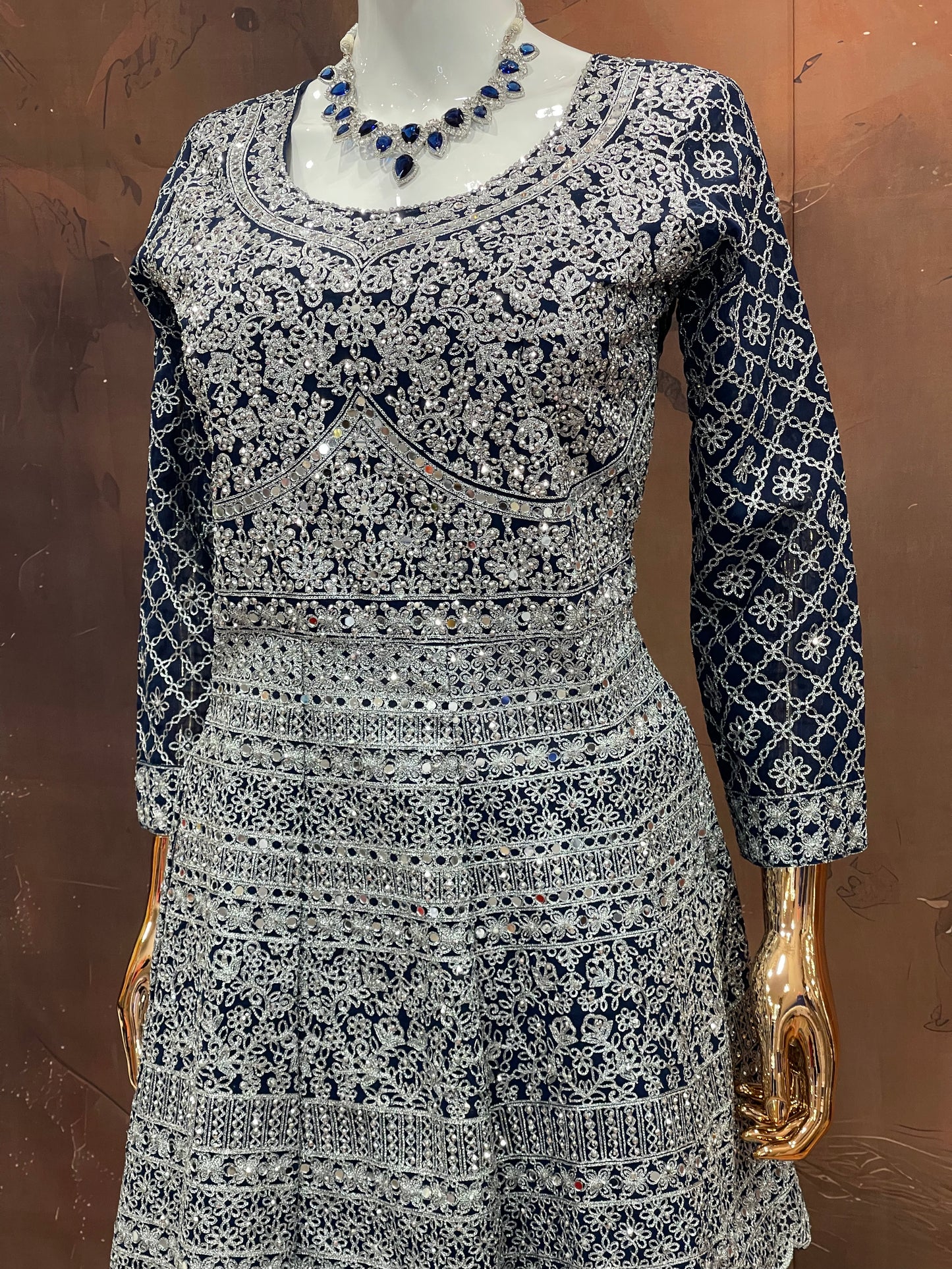 Navy Blue and Silver Embroidered Anarkali Gown – Regal Ethnic Ensemble