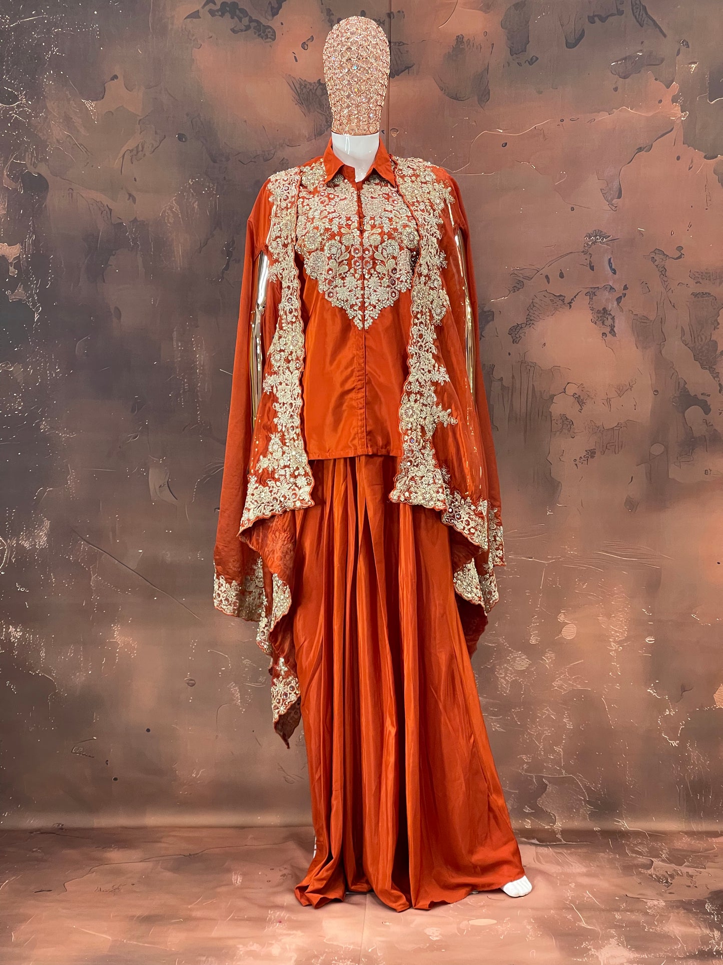 Regal Rust – Orange Embroidered Cape Lehenga Set