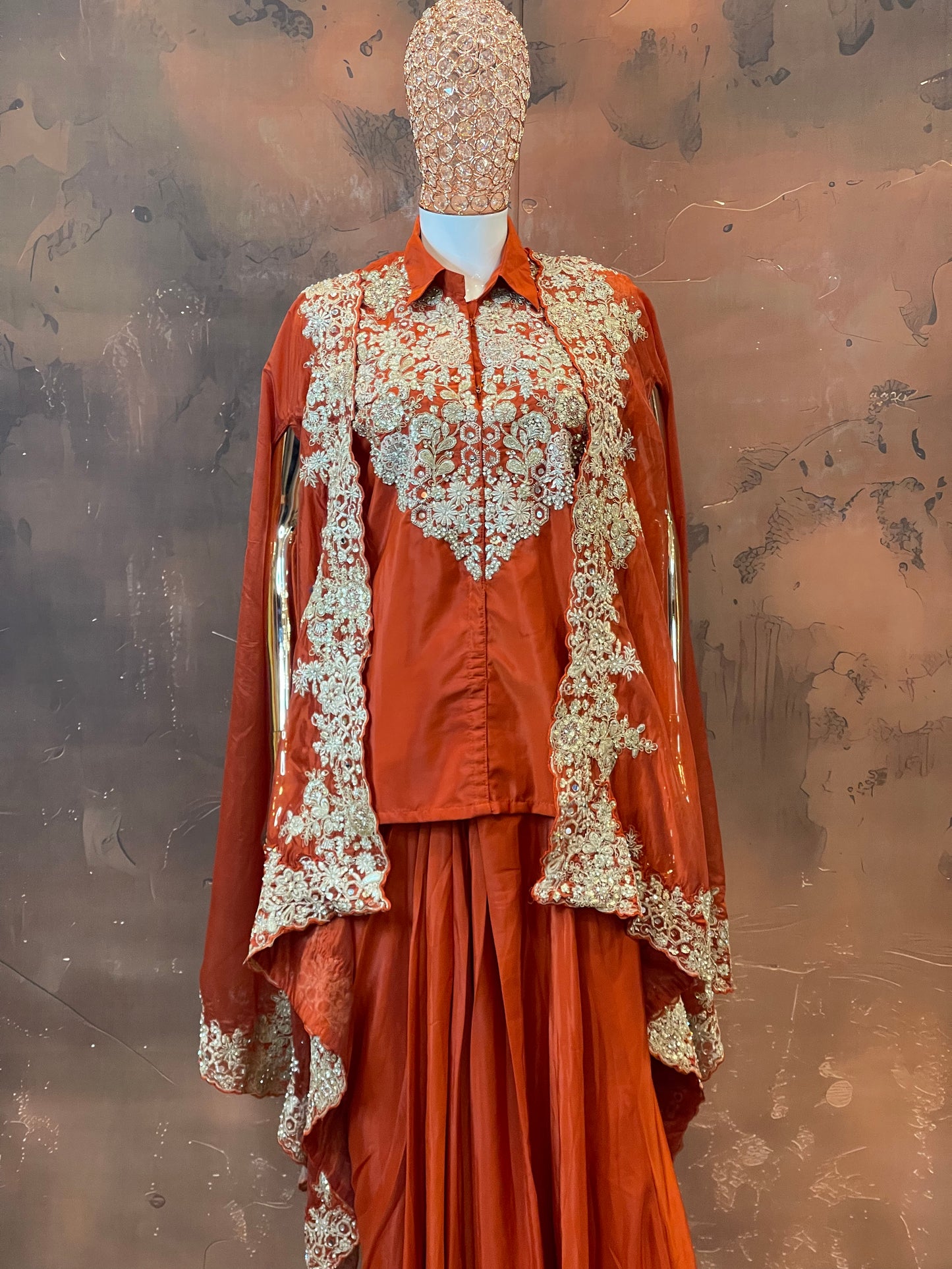 Regal Rust – Orange Embroidered Cape Lehenga Set