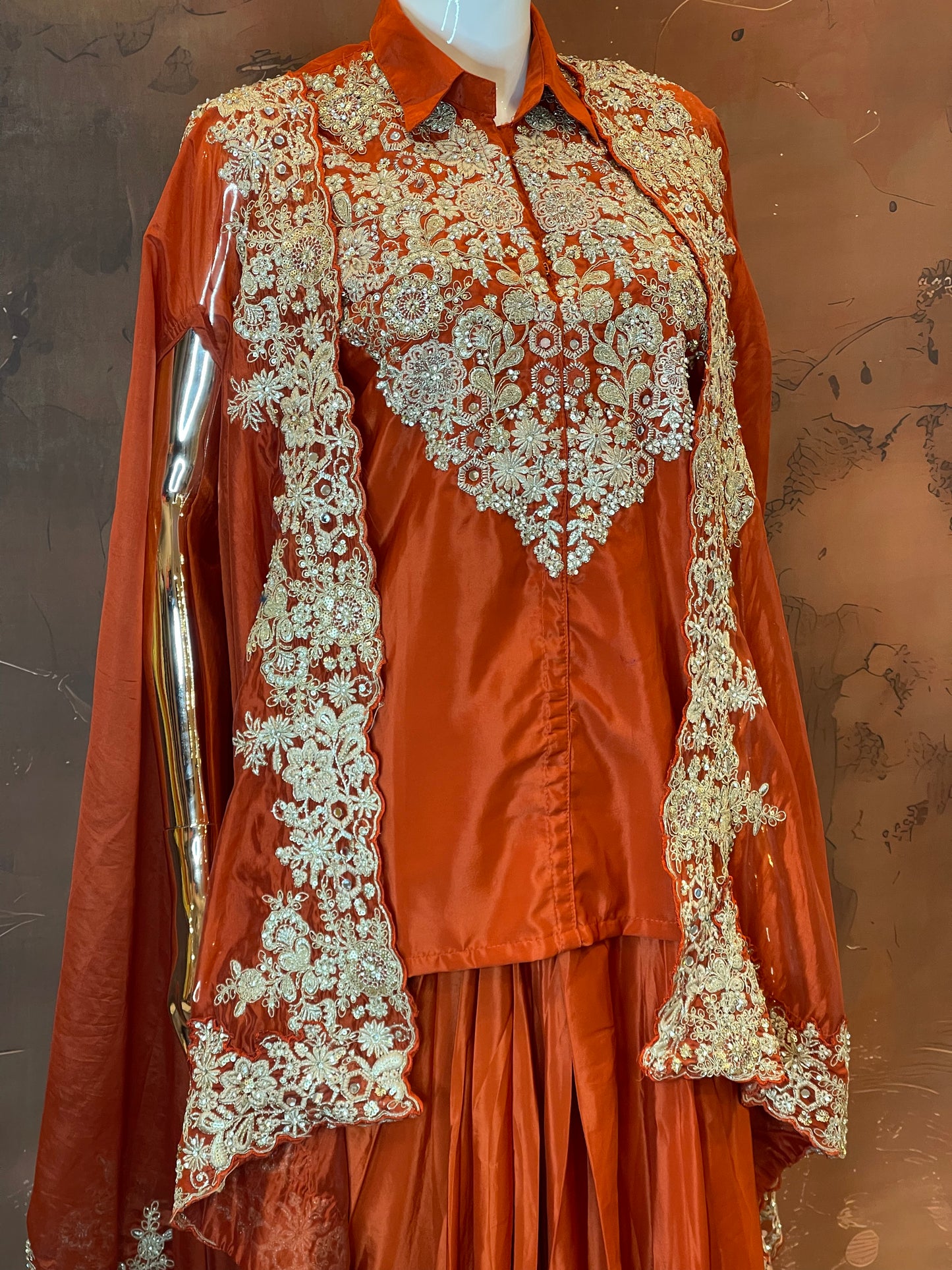 Regal Rust – Orange Embroidered Cape Lehenga Set