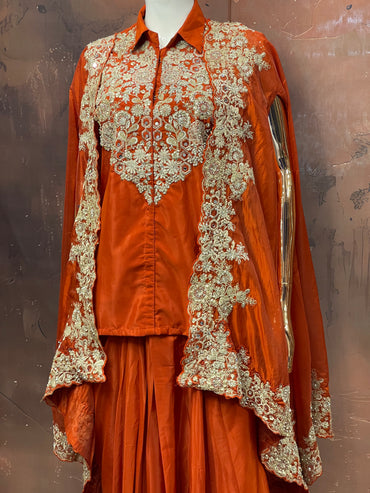 Regal Rust – Orange Embroidered Cape Lehenga Set