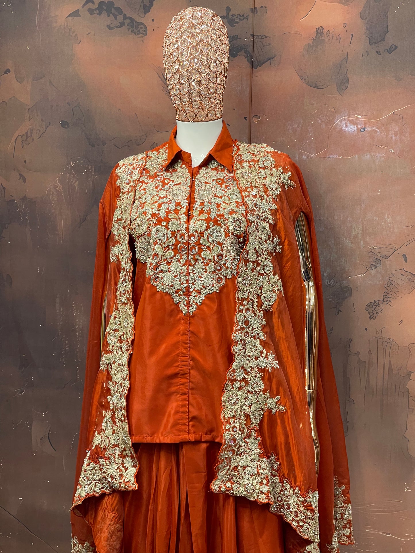 Regal Rust – Orange Embroidered Cape Lehenga Set