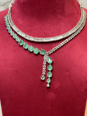 Mint Cascade – Layered CZ Necklace Set with Dangling Drops