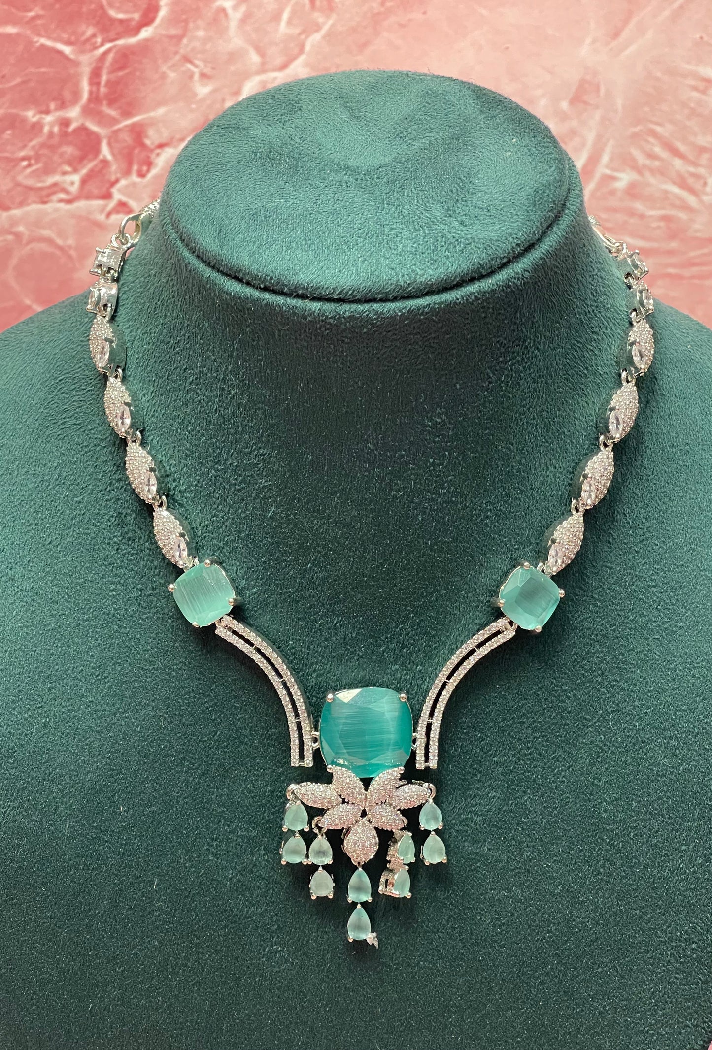 Aqua Luxe Drop Necklace Set – Glamorous CZ Party Wear