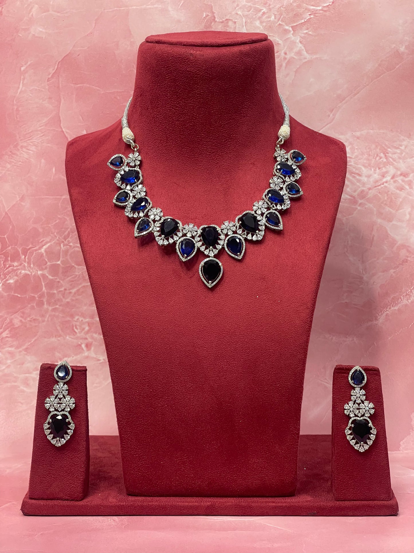 Royal Blue Sapphire Diamond Necklace Set