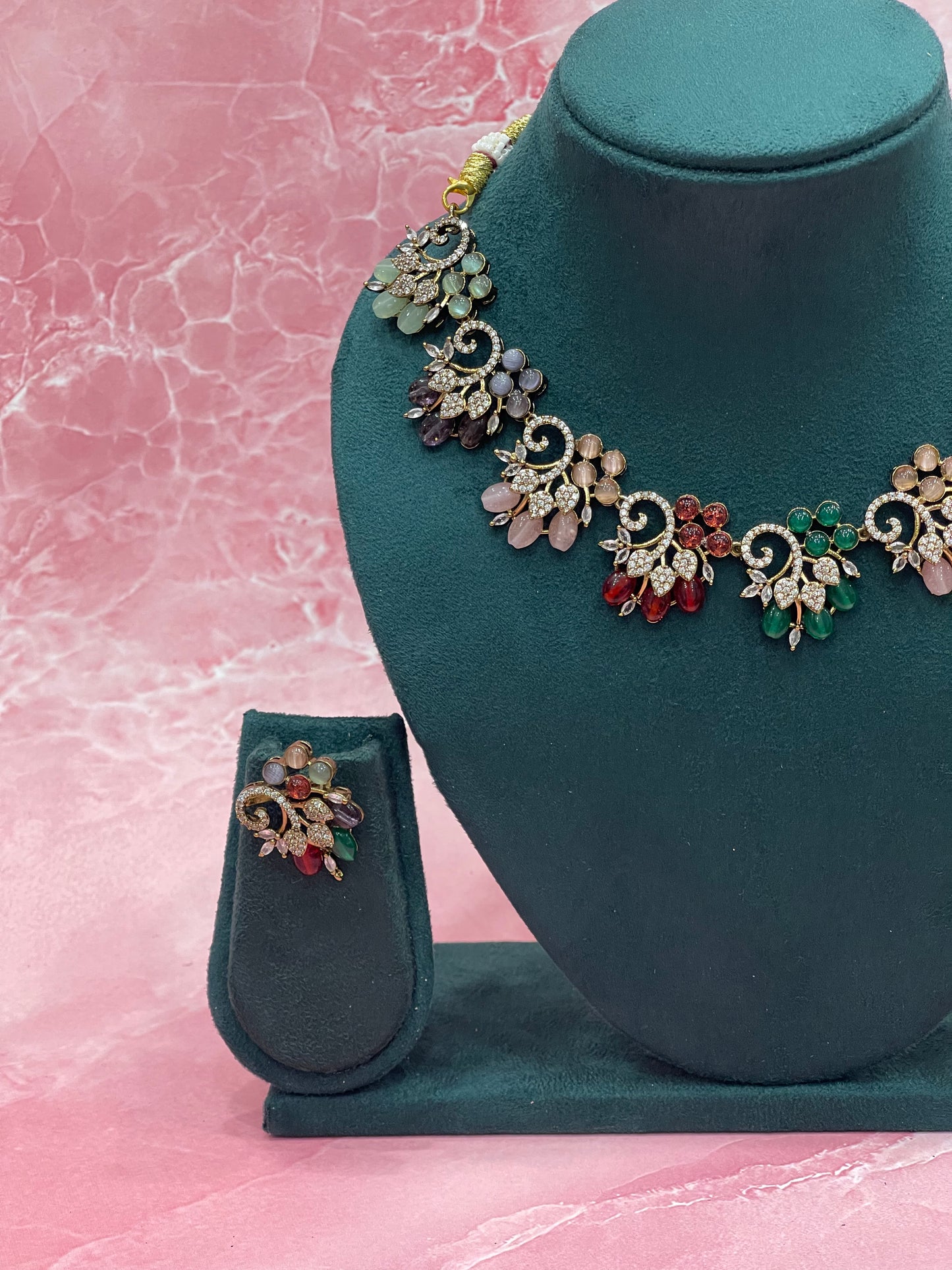 Floral Cluster Multistone Necklace Set