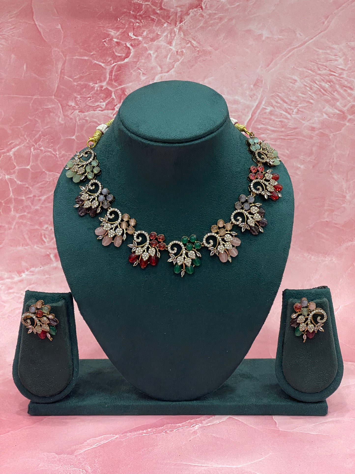 Floral Cluster Multistone Necklace Set