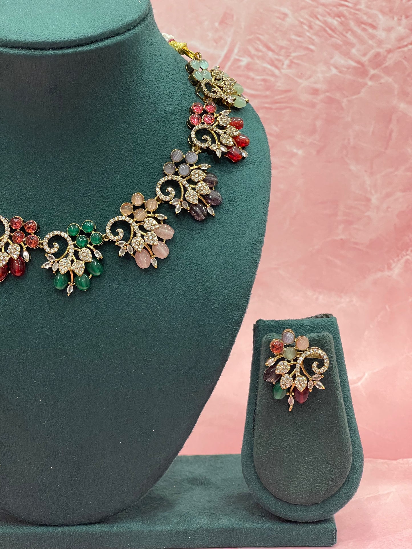 Floral Cluster Multistone Necklace Set