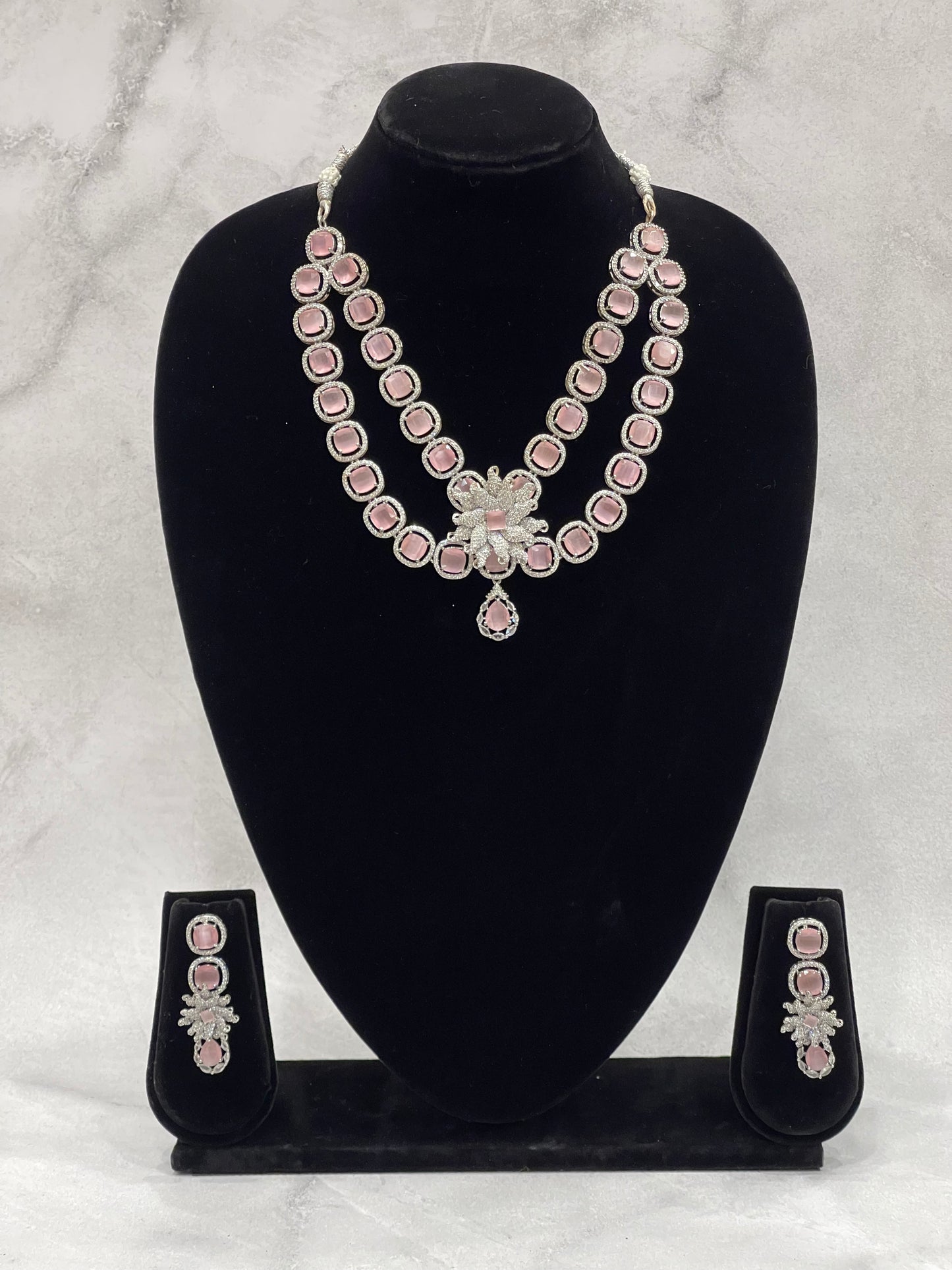 Blush Pink Crystal Bridal Necklace Set