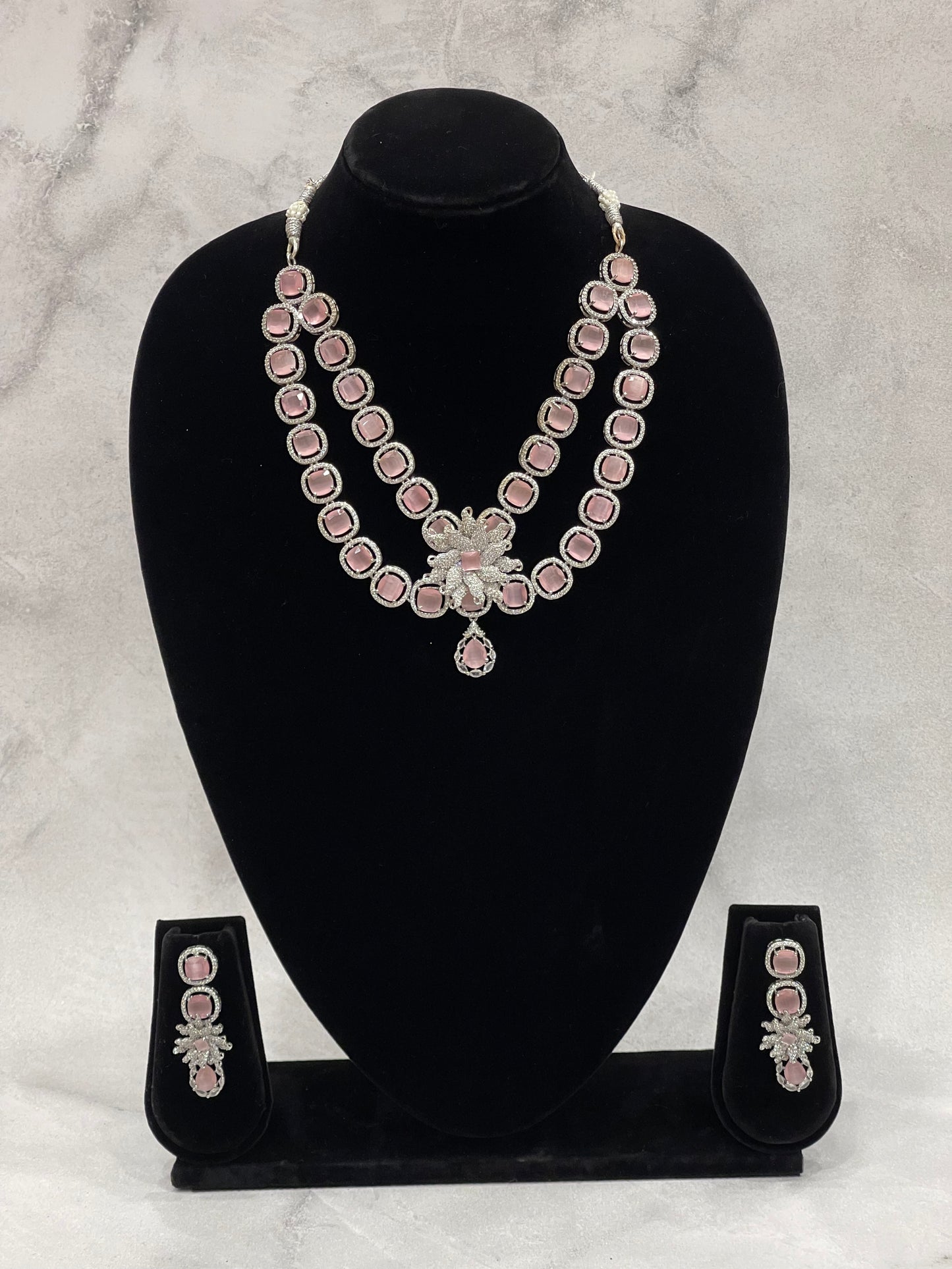 Blush Pink Crystal Bridal Necklace Set