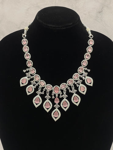 Rosé Twilight – CZ Necklace Set with Droplet Pink Stones