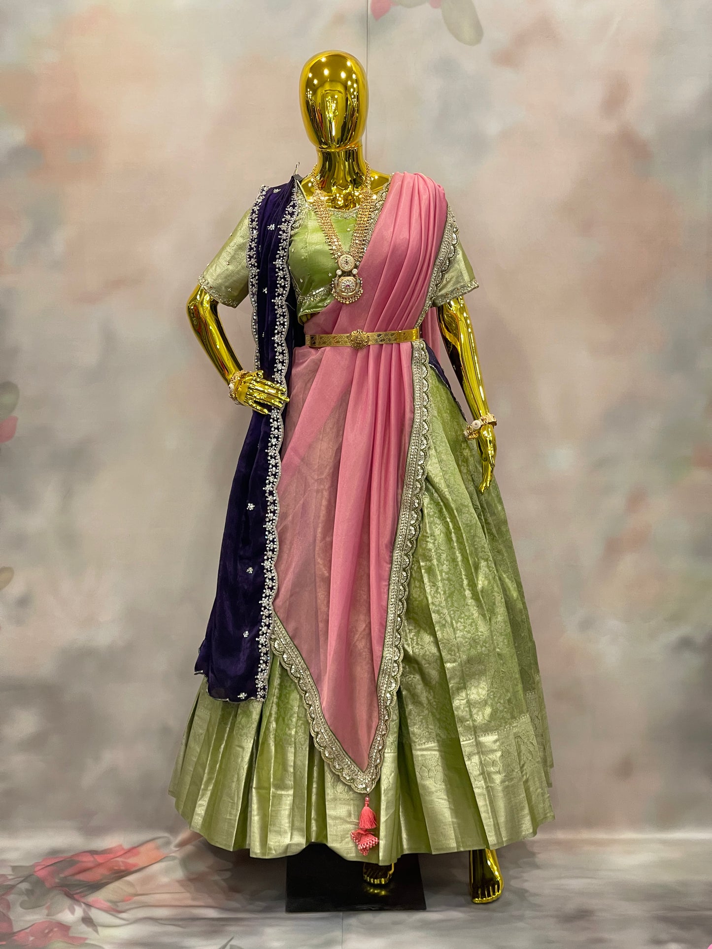 Blossom Reverie – Pastel Green Pattu Lehenga Set