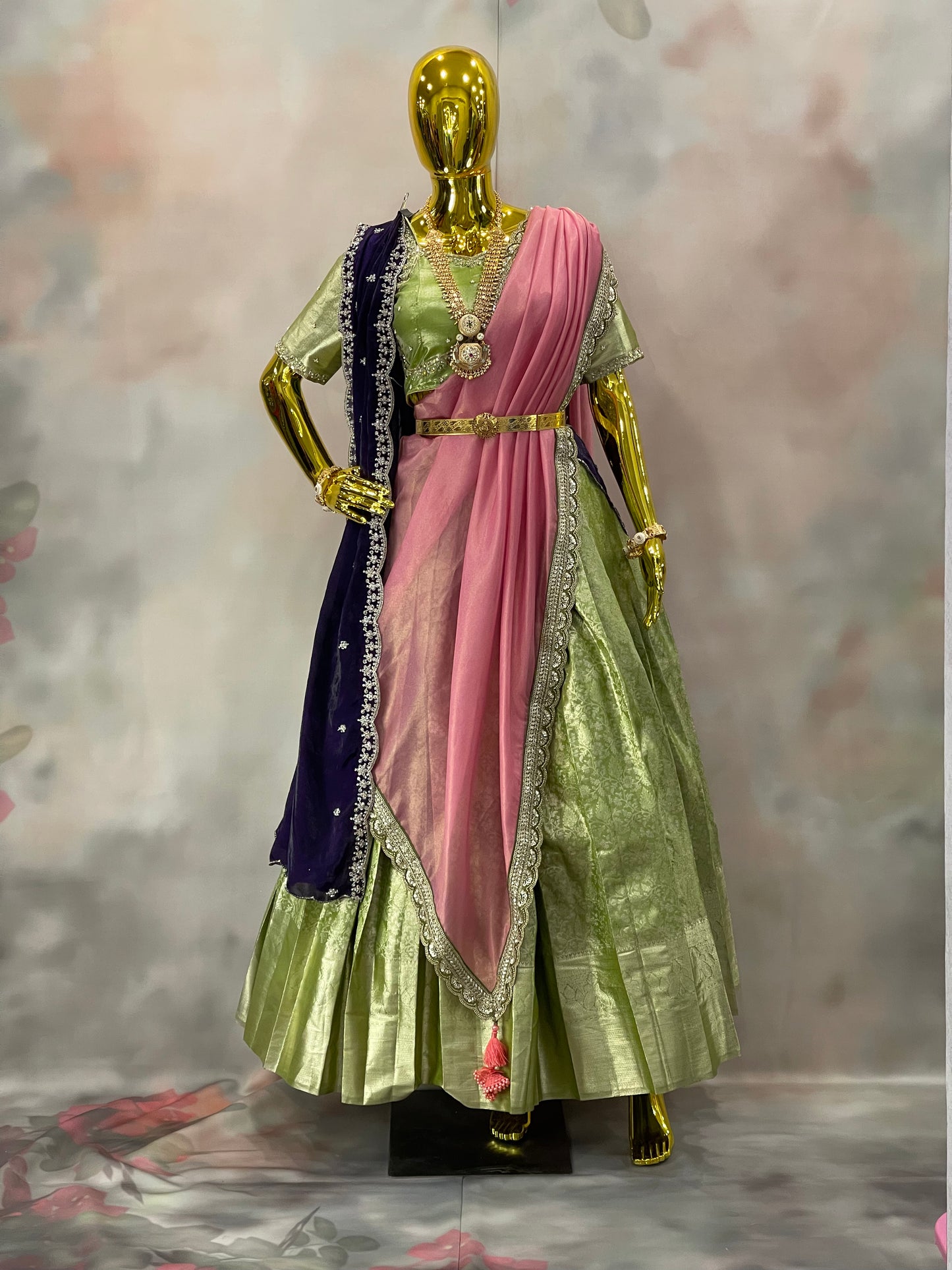 Blossom Reverie – Pastel Green Pattu Lehenga Set