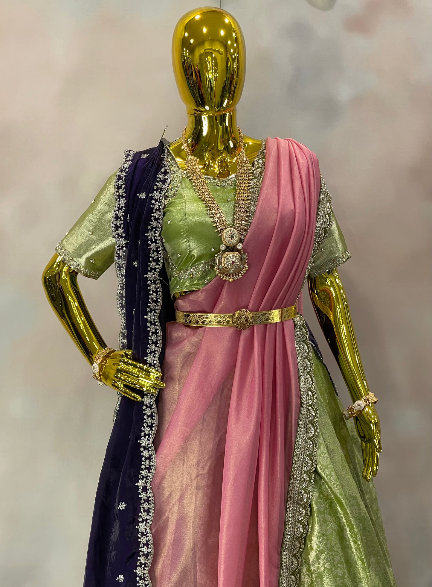 Blossom Reverie – Pastel Green Pattu Lehenga Set