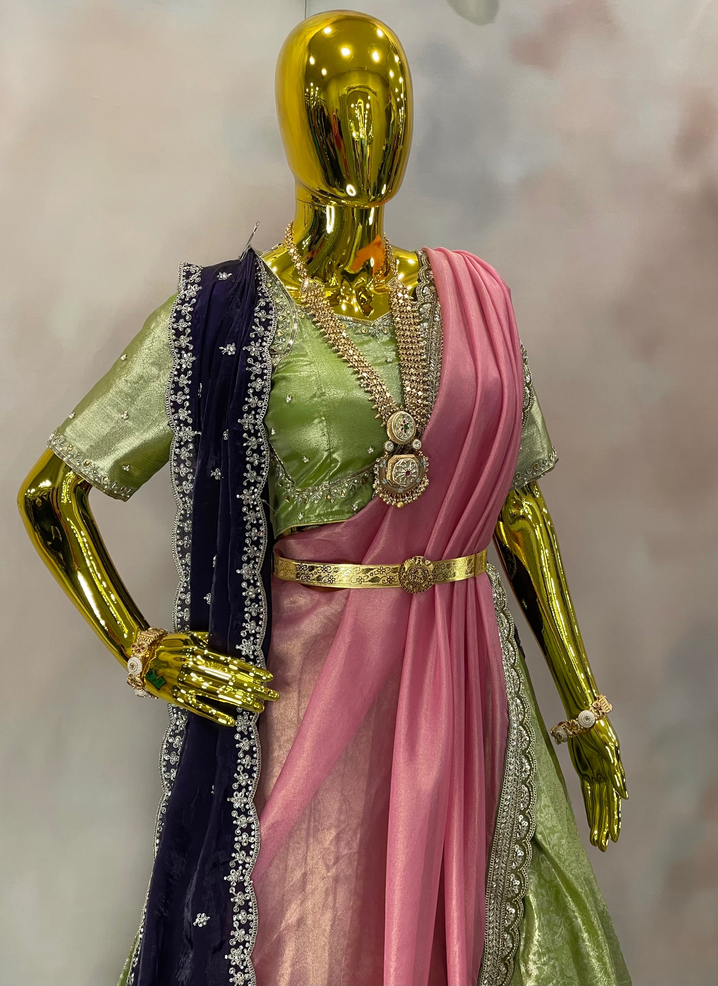 Blossom Reverie – Pastel Green Pattu Lehenga Set