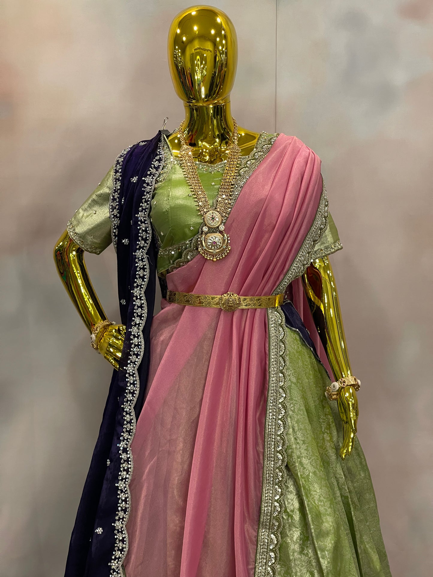 Blossom Reverie – Pastel Green Pattu Lehenga Set