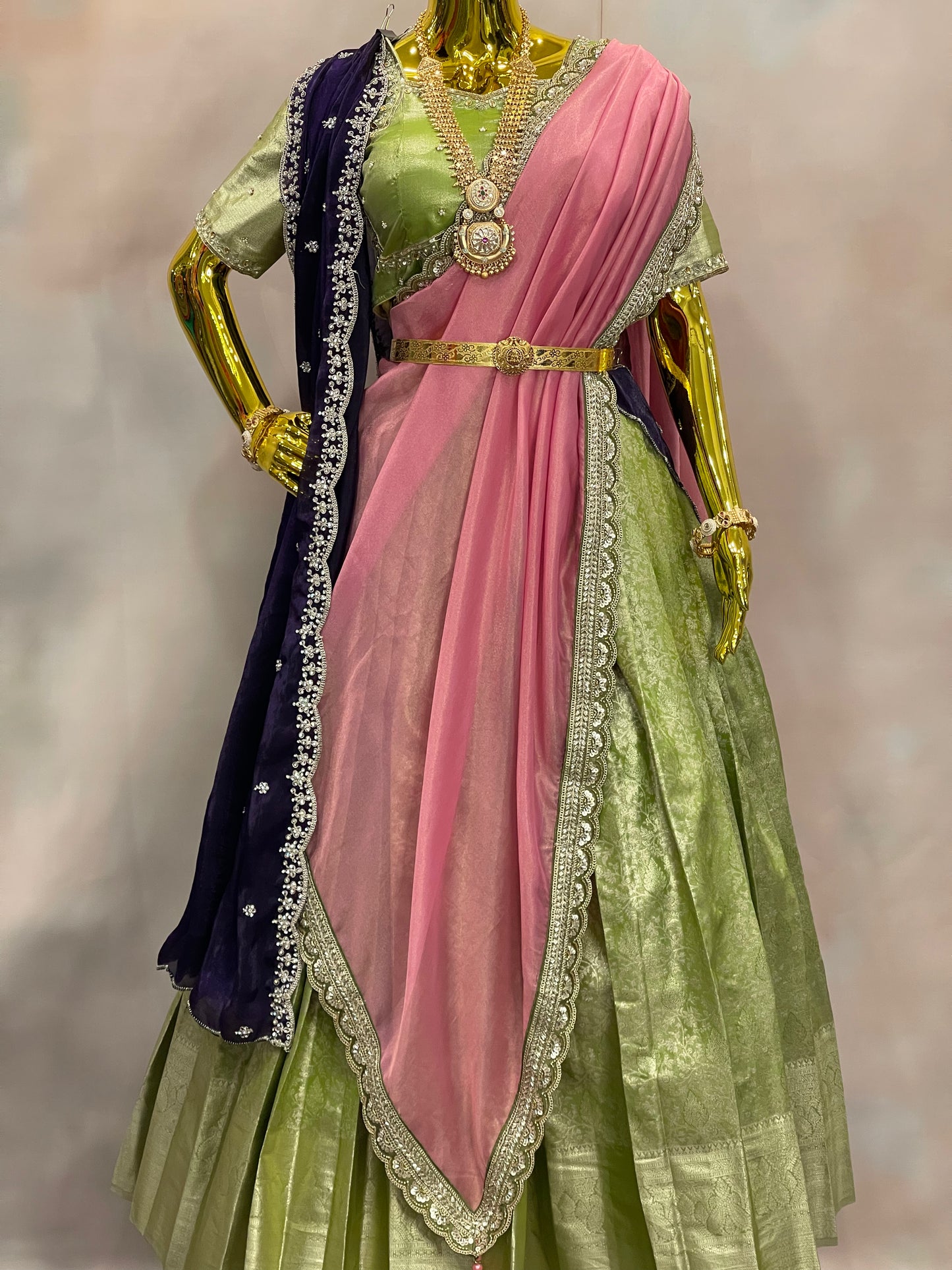 Blossom Reverie – Pastel Green Pattu Lehenga Set