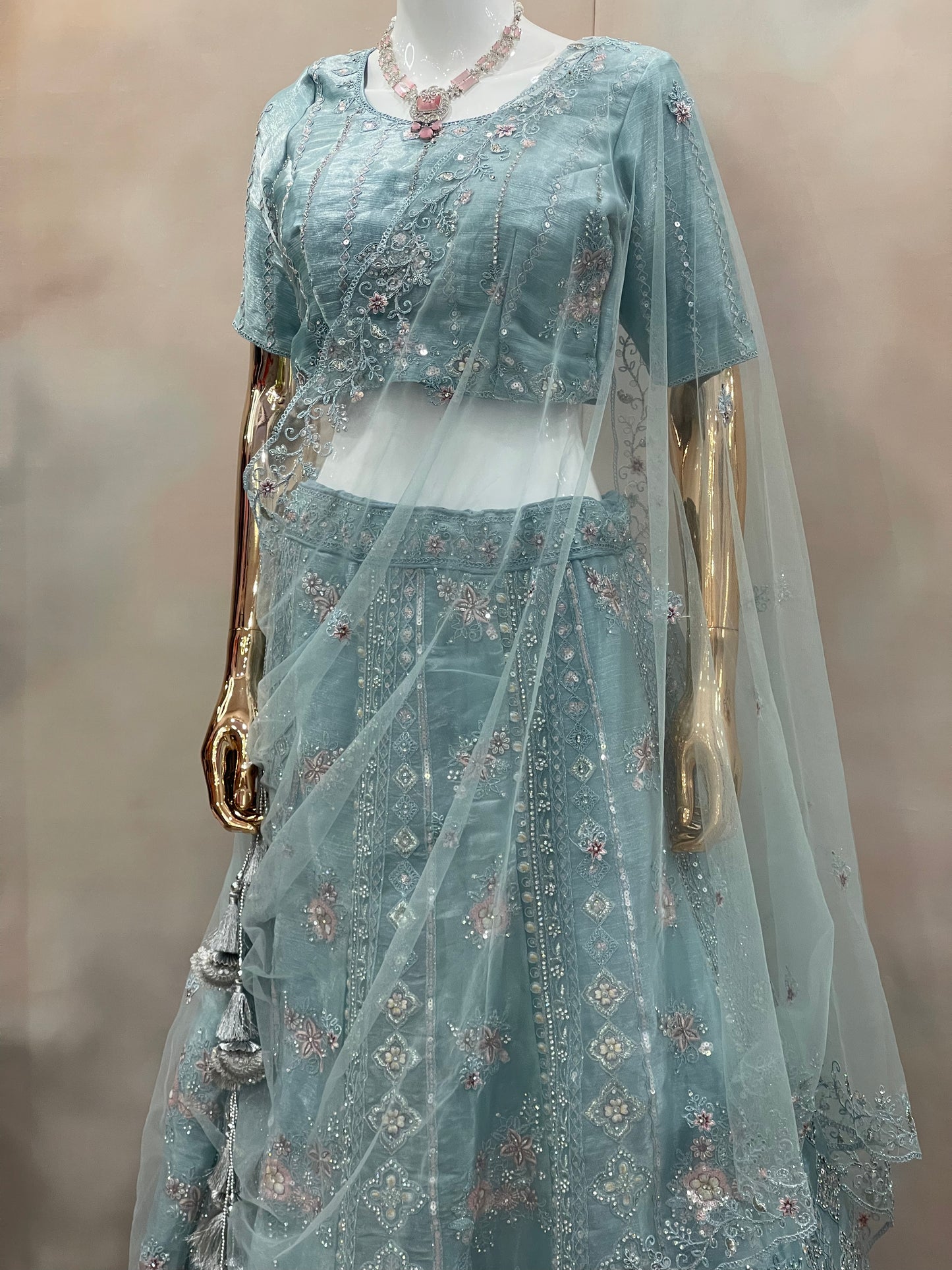 Aqua Mist Embroidered Net Lehenga